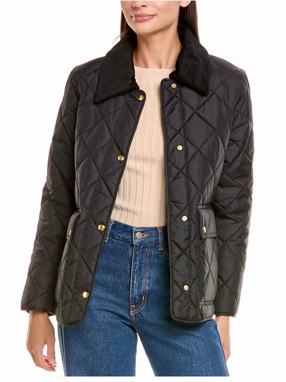 NEW Quilted Black Puffer Jacket with Corduroy Collar